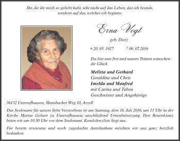 Traueranzeige von Erna Vogt 