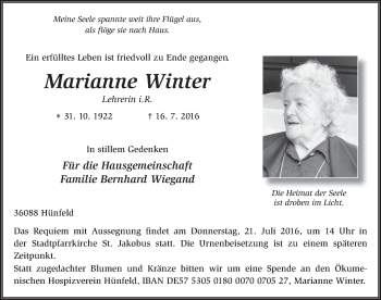 Traueranzeige von Marianne Winter 