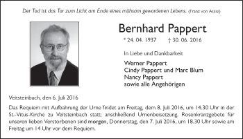 Traueranzeige von Bernhard Pappert 