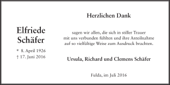 Traueranzeige von Elfriede Schäfer 