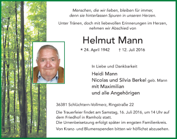 Traueranzeige von Helmut Mann 