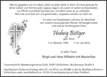 Traueranzeige von Hedwig Böttger 
