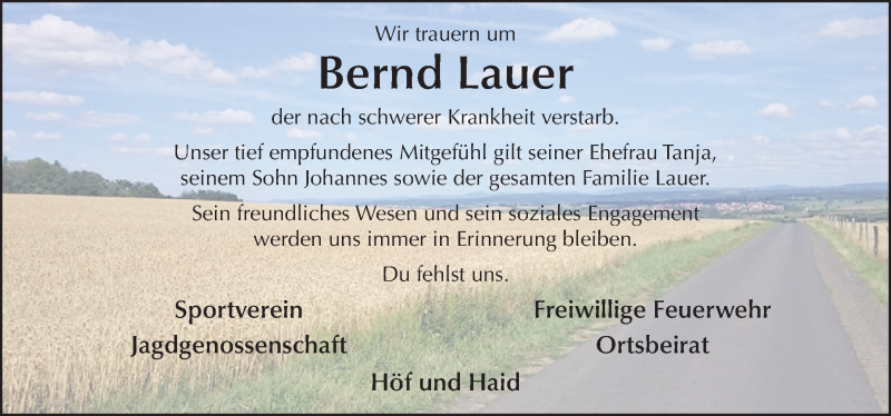  Traueranzeige für Bernd Lauer vom 07.07.2016 aus 