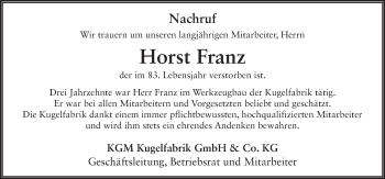 Traueranzeige von Horst Franz 