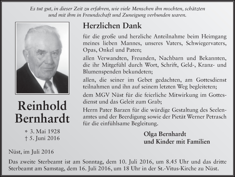  Traueranzeige für Reinhold Bernhardt vom 09.07.2016 aus 