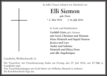 Traueranzeige von Elli Siemon 