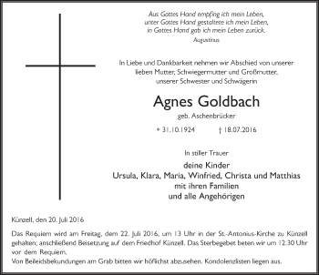Traueranzeige von Agnes Goldbach 