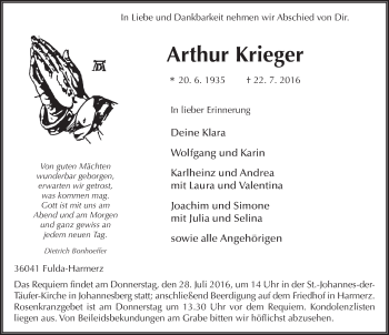 Traueranzeige von Arthur Krieger 