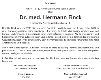Traueranzeige von Hermann Finck 