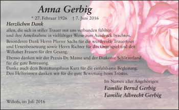 Traueranzeige von Anna Gerbig 