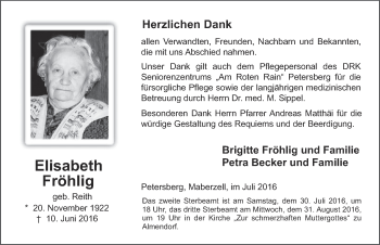 Traueranzeige von Elisabeth Fröhlig 