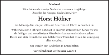 Traueranzeige von Horst Höfner 