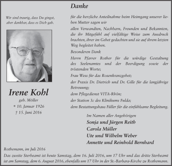 Traueranzeige von Irene Kohl 