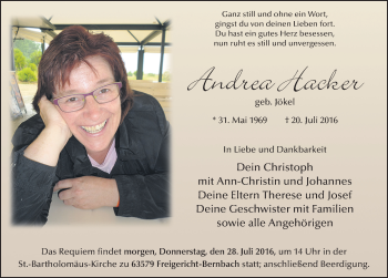 Traueranzeige von Andrea Hacker 