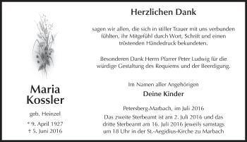 Traueranzeige von Maria Kossler 