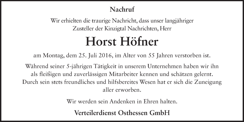  Traueranzeige für Horst Höfner vom 28.07.2016 aus 