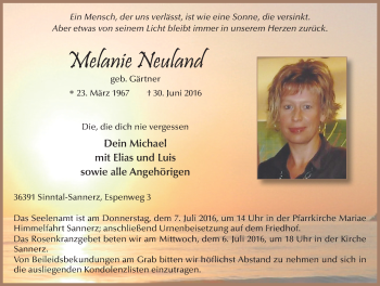 Traueranzeige von Melanie Neuland 