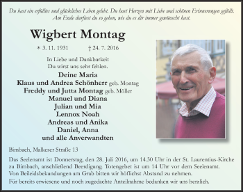 Traueranzeige von Wigbert Montag 