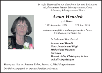 Traueranzeige von Anna Heurich 