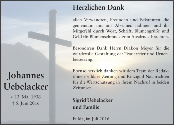 Traueranzeige von Johannes Uebelacker 