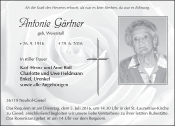 Traueranzeige von Antonie Gärtner 