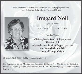 Traueranzeige von Irmgard Noll 