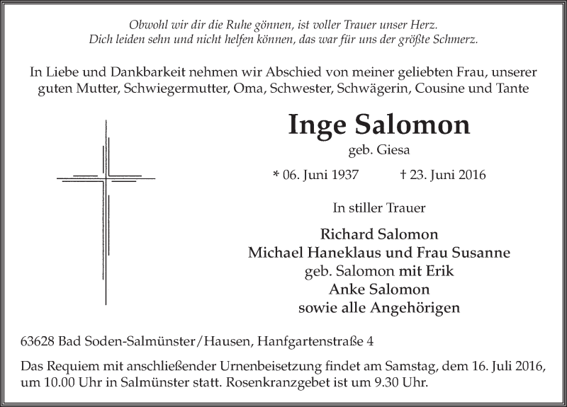  Traueranzeige für Inge Salomon vom 12.07.2016 aus 