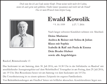 Traueranzeige von Ewald Kowolik 