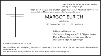 Traueranzeige von Margot Eurich 