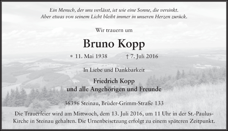  Traueranzeige für Bruno Kopp vom 11.07.2016 aus 