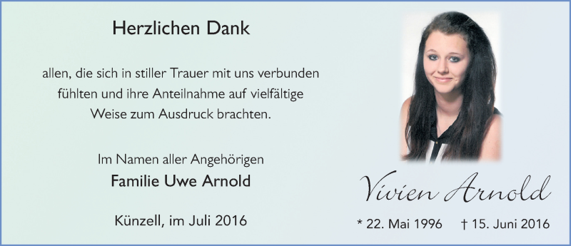  Traueranzeige für Vivien Arnold vom 22.07.2016 aus 