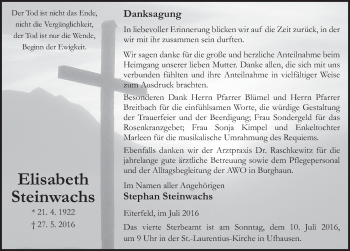 Traueranzeige von Elisabeth Steinwachs 