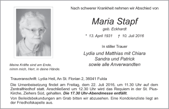 Traueranzeige von Maria Stapf 