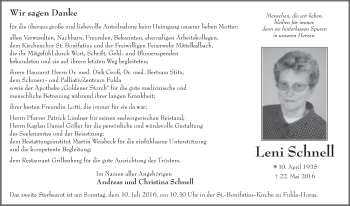 Traueranzeige von Leni Schnell 