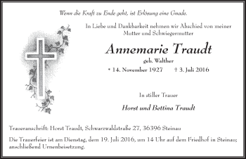 Traueranzeige von Annemarie Traudt 