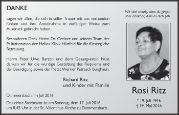 Traueranzeige von Rosi Ritz 