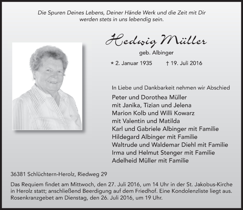  Traueranzeige für Hedwig Müller vom 23.07.2016 aus 
