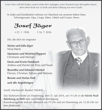 Traueranzeige von Josef Jäger 