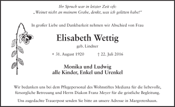 Traueranzeige von Elisabeth Wettig 
