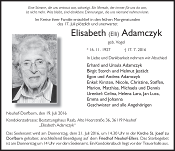 Traueranzeige von Elisabeth Adamczyk 
