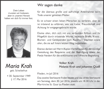 Traueranzeige von Maria Krah 