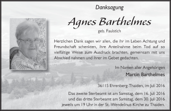 Traueranzeige von Agnes Barthelmes 