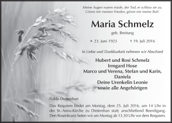 Traueranzeige von Maria Schmelz 
