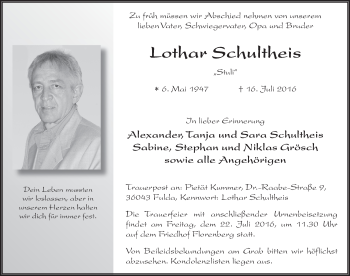 Traueranzeige von Lothar Schultheis 