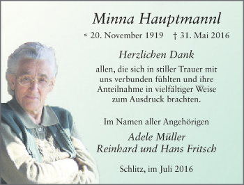 Traueranzeige von Minna Hauptmannl 