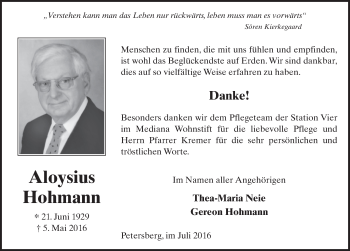 Traueranzeige von Aloysius Hohmann 
