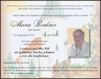 Traueranzeige von Maria Benkner 