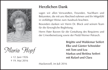 Traueranzeige von Maria Hopf 