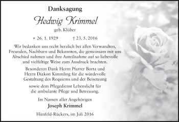 Traueranzeige von Hedwig Krimmel 