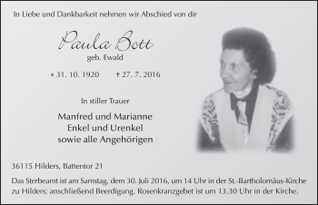 Traueranzeige von Paula Bott 